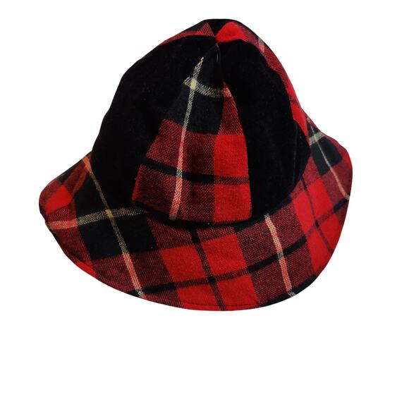 Vintage Unisex Red Black Plaid Wool Cloche Bucket Hat - Picture 1 of 6